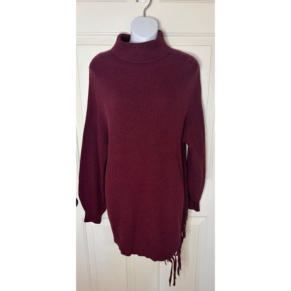 Greige Womens Burgundy Knit Turtleneck Sweater With Fringe Hem - XL NWT - Picture 2 of 10